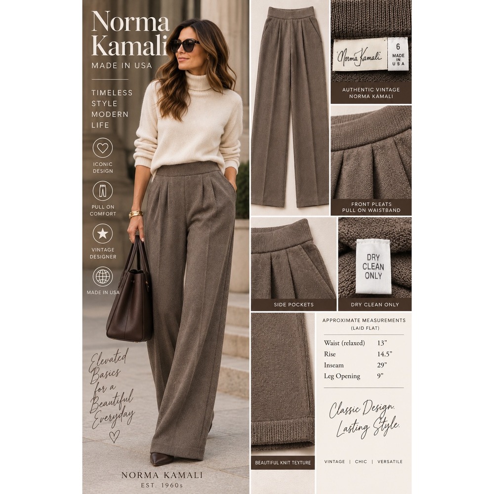 Norma Kamali Pants Womens 6 Brown Knit Pull On Pleated Wide Leg Made USA Vintage